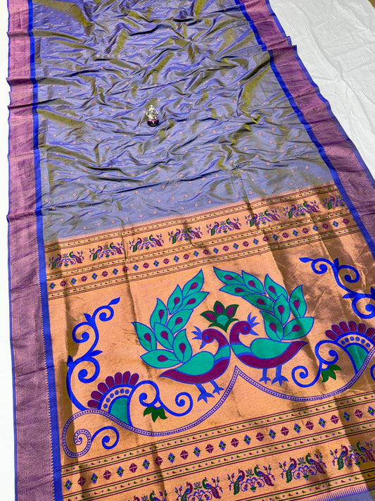 Sophisticated Blue Grey Menakari Peacock Silk Saree