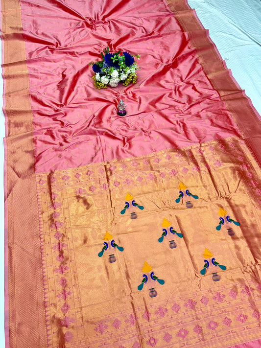 Luxury Coral Traditional Embroidery Silk Saree