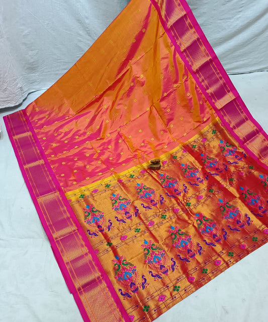 Royal Coral Pink Karnaful Kadiyal Paithani Saree