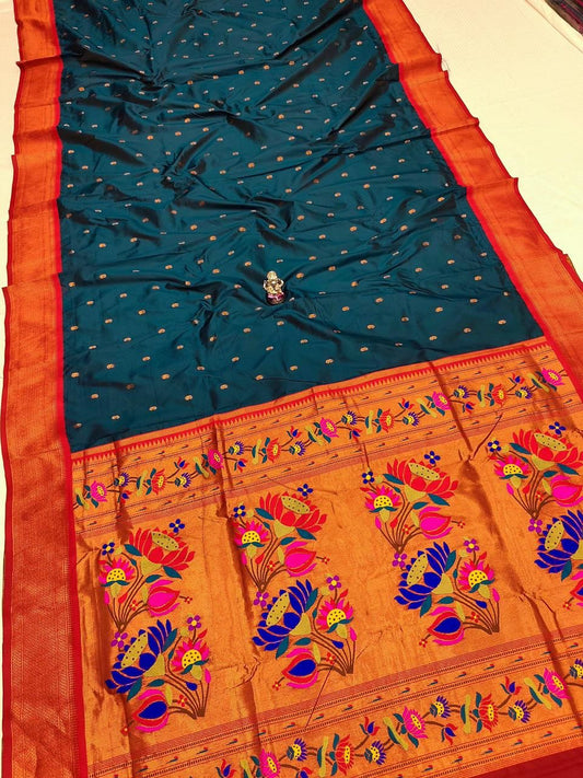 Refined Deep Peacock Lotus Paithani Silk Saree