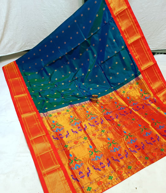 Stylish Firozi Green Karnaful Kadiyal Paithani Saree