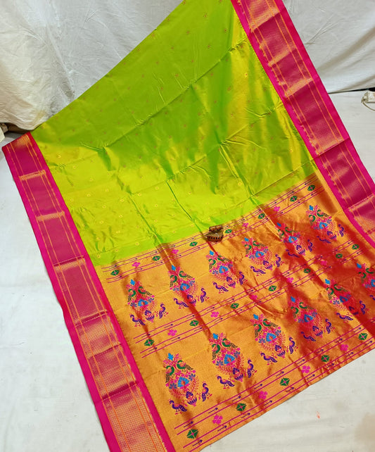 Designer Grass Green Karnaful Kadiyal Paithani Saree