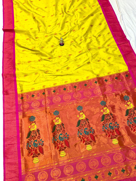 Ethnic Lemon Yellow Kadiyal Paithani Silk Saree