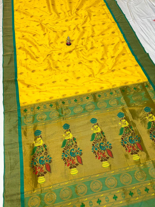 Ethnic Lemon Yellow Kadiyal Paithani Silk Saree