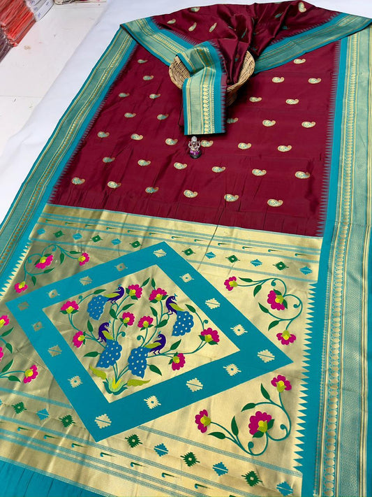 Exclusive Majestic Maroon Peacock Paithani Silk Saree