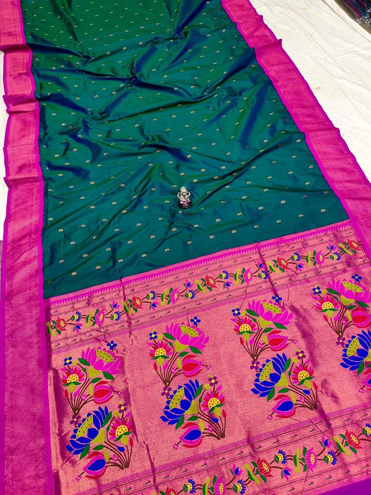 Opulent Marine Green Lotus Paithani Silk Saree