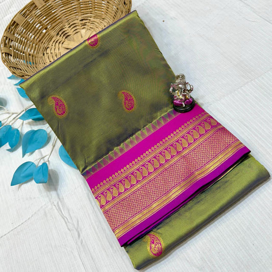 Gorgeous Olive Green Peacock Paithani Silk Saree