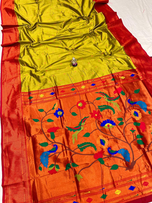 Vibrant Olive Green Kadiyal Paithani Silk Saree