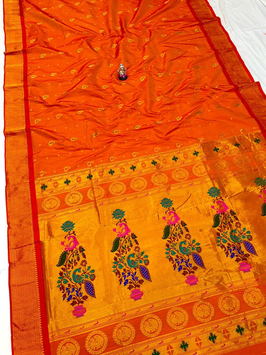 Timeless Orange Kadiyal Paithani Silk Saree