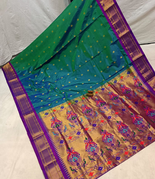 Ethnic Peacock Blue Karnaful Kadiyal Paithani Saree
