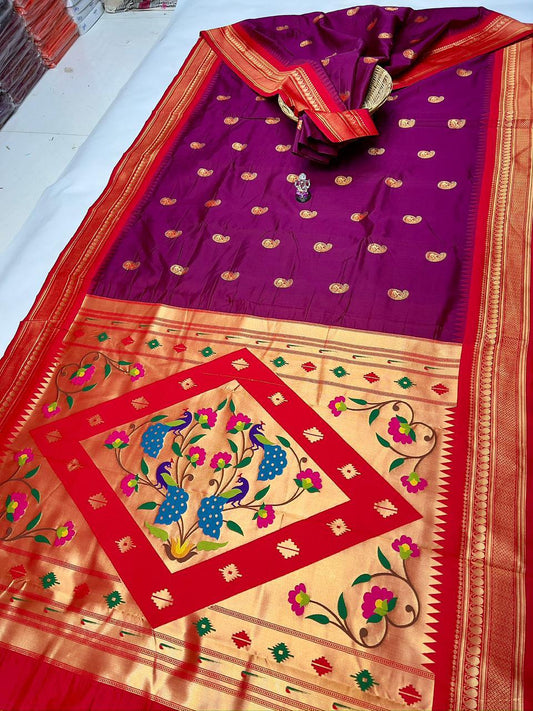 Vibrant Rich Wine Peacock Paithani Silk Saree