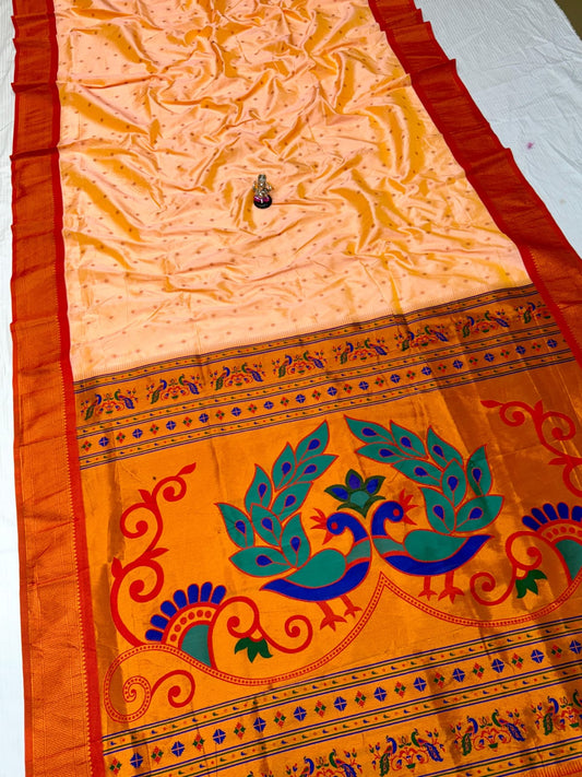 Classic Rose Beige Menakari Peacock Silk Saree