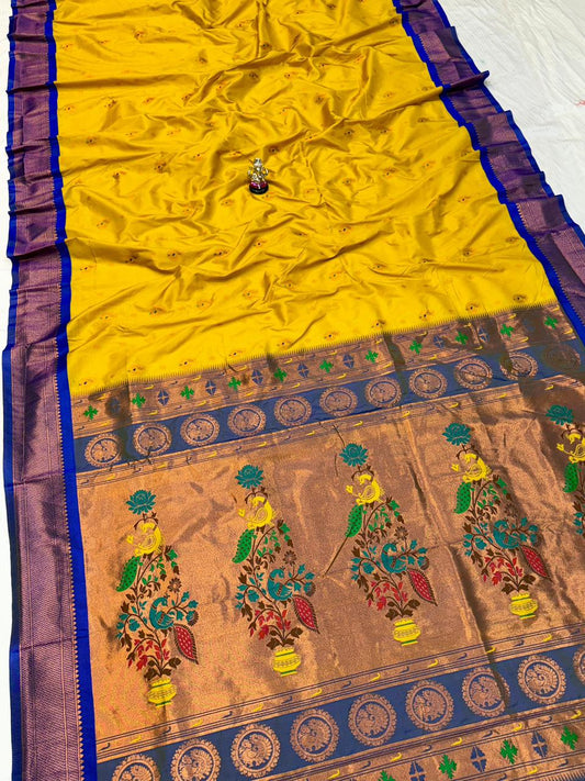 Designer Sunshine Yellow Kadiyal Paithani Silk Saree