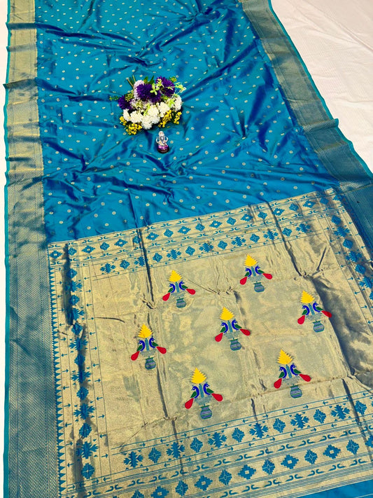 Timeless Turquoise Blue Traditional Embroidery Silk Saree