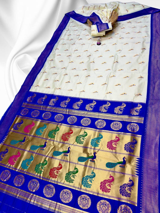 Opulent White Ruhi Peacock Silk Saree