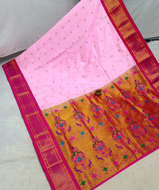 Elegant Baby Pink Karnaful Kadiyal Paithani Saree