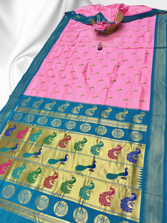 Modern Baby Pink Ruhi Peacock Silk Saree