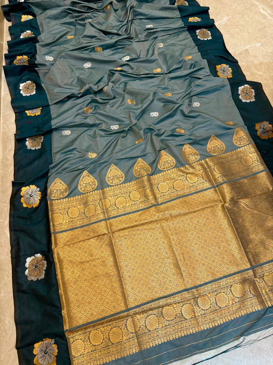 Opulent Blue Grey Jaswand Silk Saree