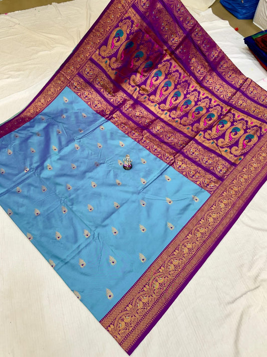 Royal Blue Grey Laxmi Paithani Silk Saree