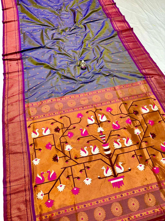 Opulent Bluish Grey Swan Paithani Silk Saree