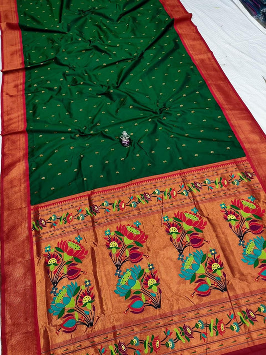 Sophisticated Bottle Green Lotus Paithani Silk Saree