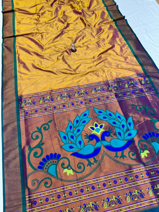 Vibrant Brown Yellow Menakari Peacock Silk Saree