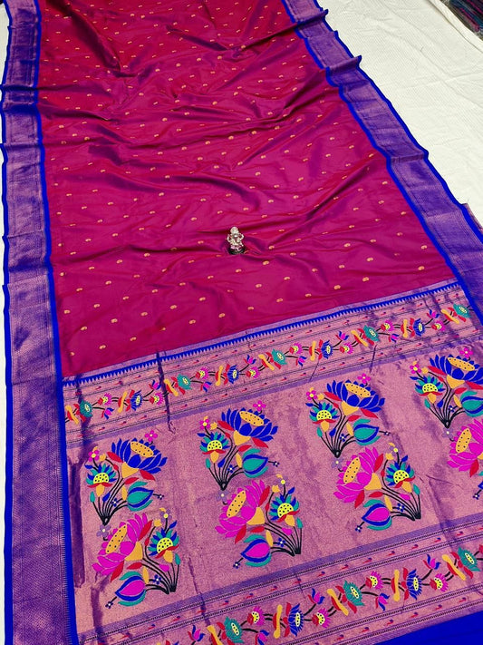 Vibrant Cherry Pink Lotus Paithani Silk Saree