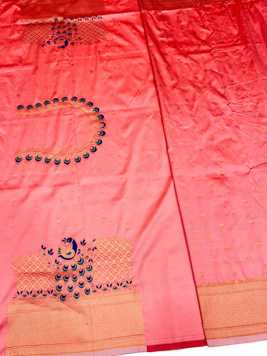 Luxury Coral Traditional Embroidery Silk Saree