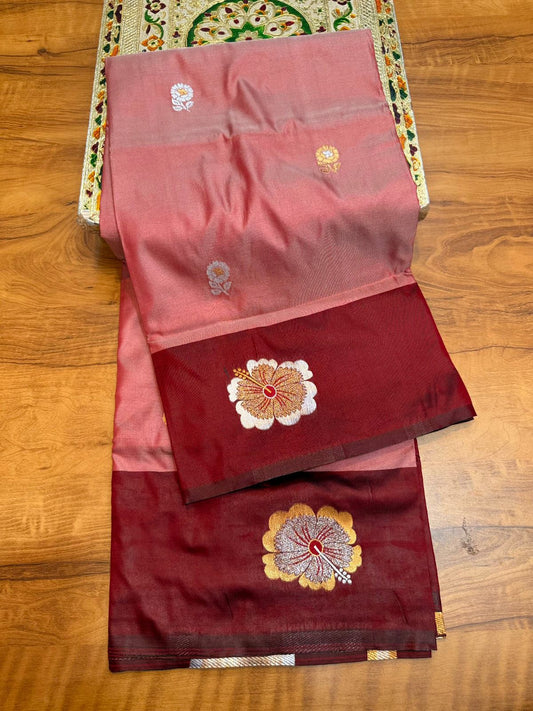 Elegant Coral Pink Jaswand Silk Saree