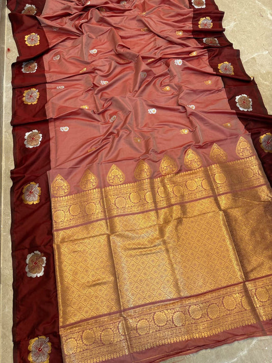 Elegant Coral Pink Jaswand Silk Saree