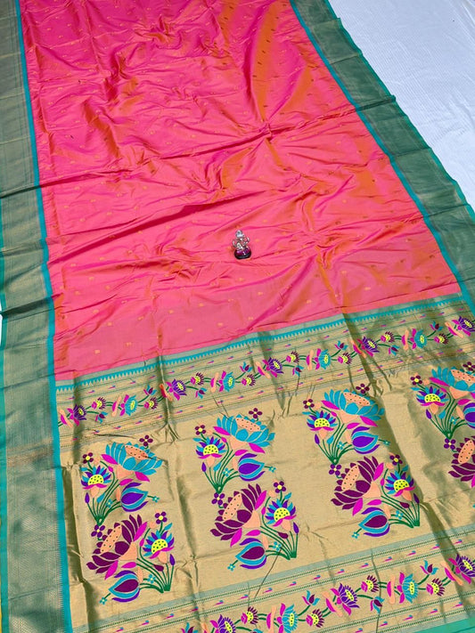 Timeless Coral Pink Lotus Paithani Silk Saree
