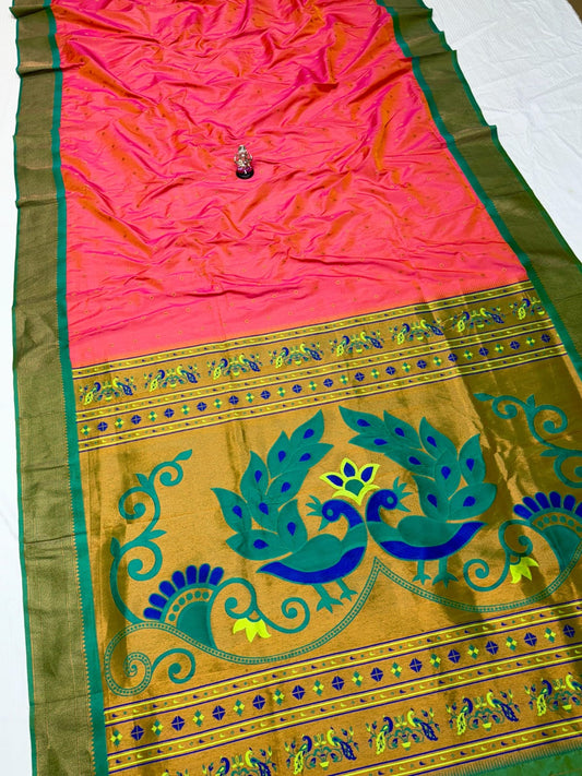 Timeless Coral Pink Menakari Peacock Silk Saree