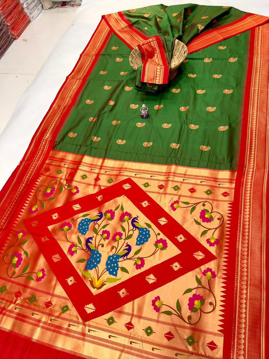 Trendy Deep Green Peacock Paithani Silk Saree