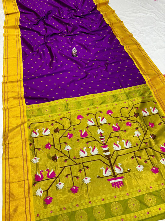 Premium Deep Purple Swan Paithani Silk Saree