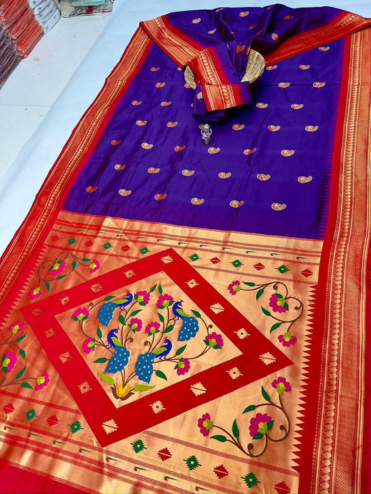 Chic Deep Violet Peacock Paithani Silk Saree