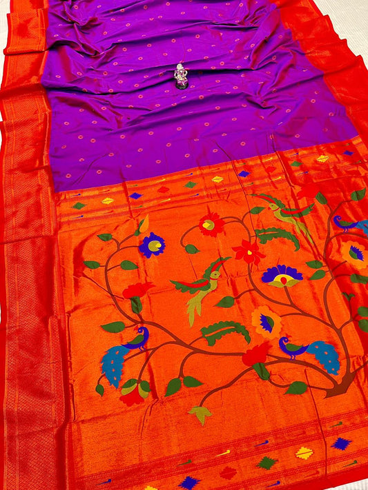 Trendy Deep Violet Kadiyal Paithani Silk Saree
