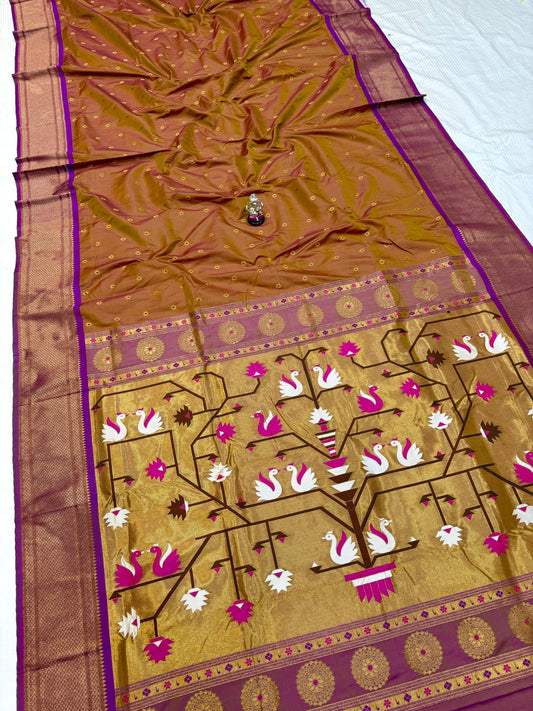 Classic Honey Yellow Swan Paithani Silk Saree