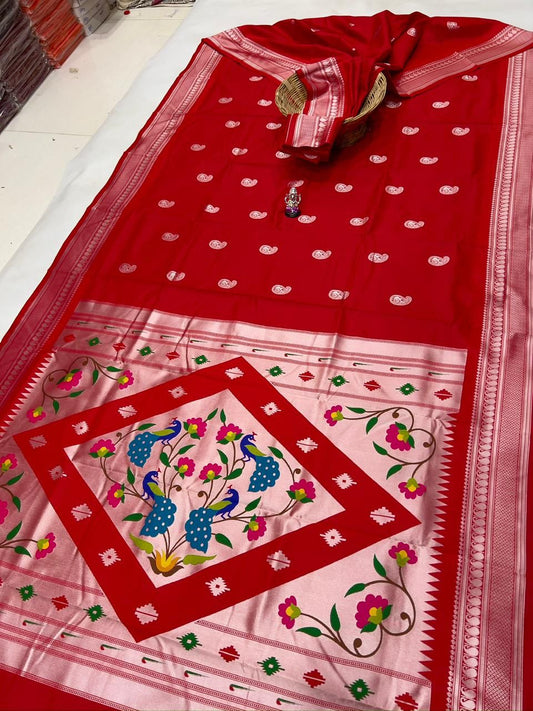 Modern Kumkum Red Peacock Paithani Silk Saree