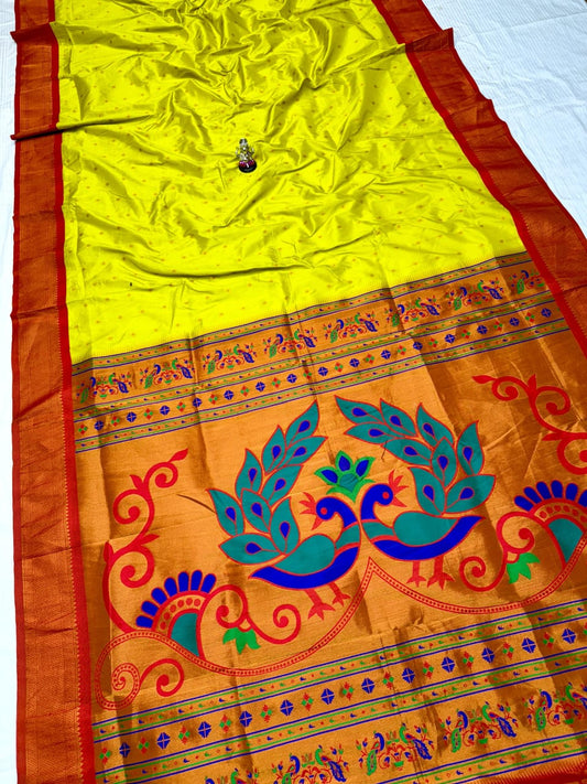 Refined Lime Yellow Menakari Peacock Silk Saree