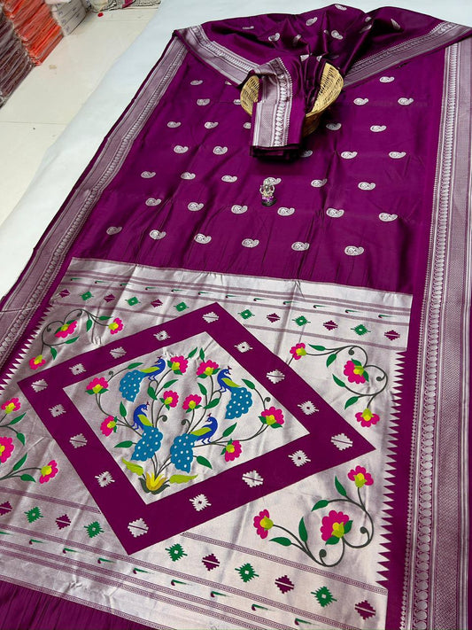 Ethnic Magenta Peacock Paithani Silk Saree