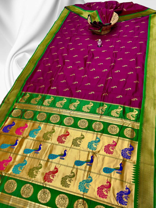 Traditional Magenta Ruhi Peacock Silk Saree