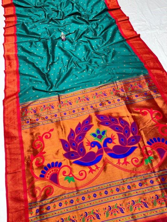 Opulent Marine Green Menakari Peacock Silk Saree