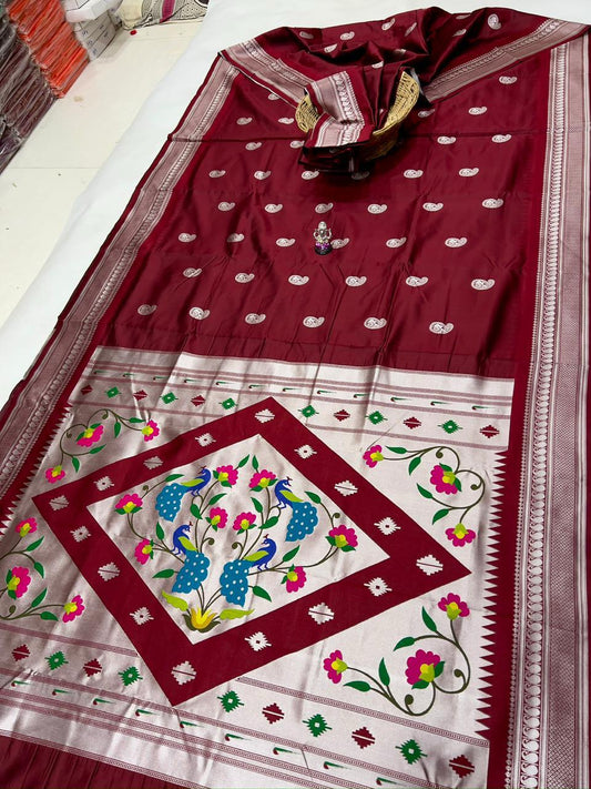 Traditional Marvellous Maroon Peacock Paithani Silk Saree
