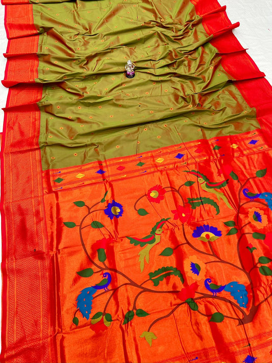 Vibrant Olive Green Kadiyal Paithani Silk Saree