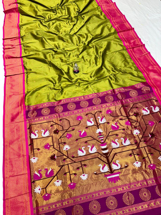 Graceful Olive Green Swan Paithani Silk Saree
