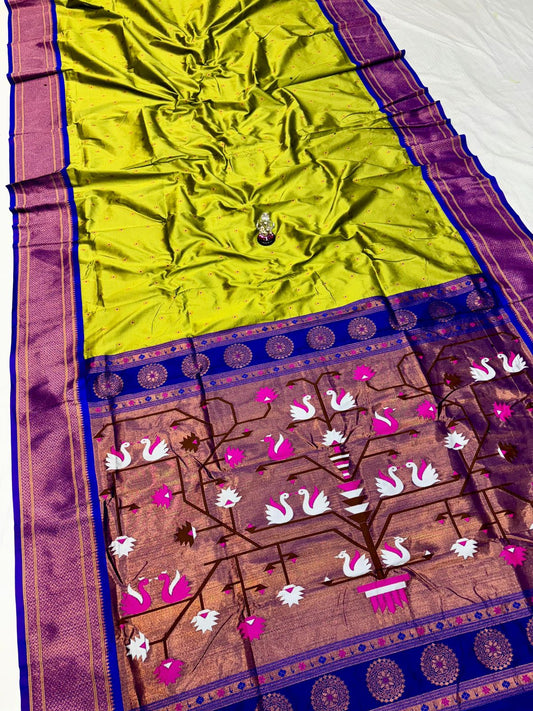 Graceful Olive Green Swan Paithani Silk Saree