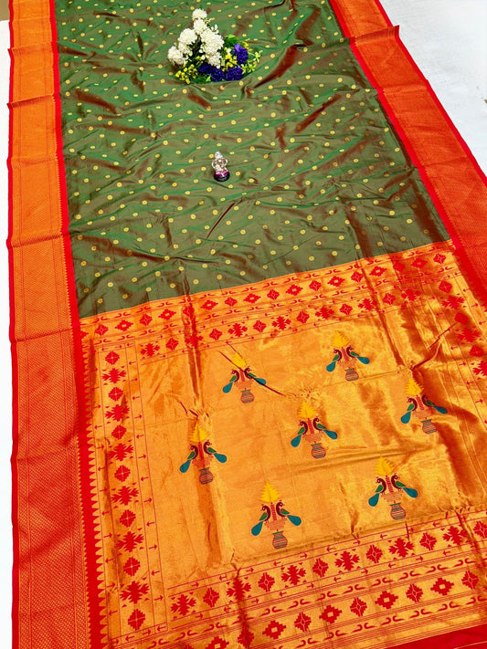 Exclusive Olive Green Traditional Embroidery Silk Saree