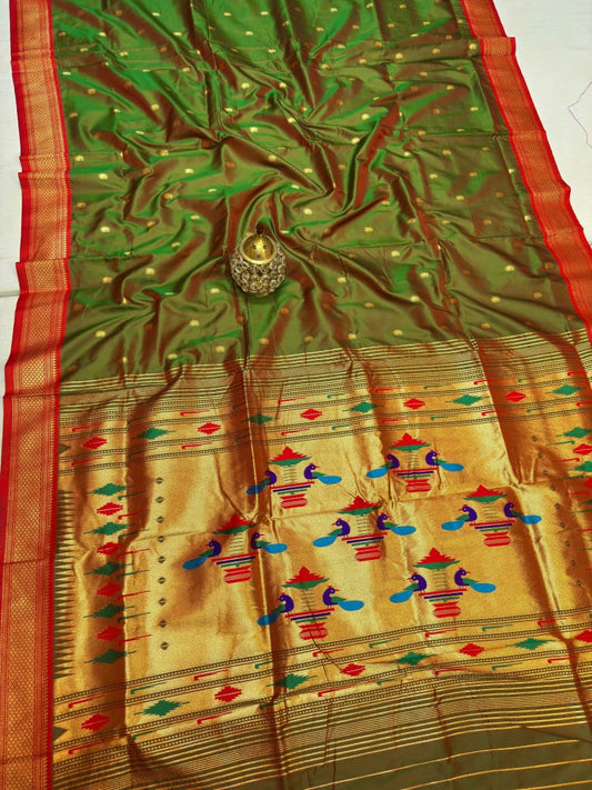 Luxury Olive Green Traditional Paithani Silk Saree