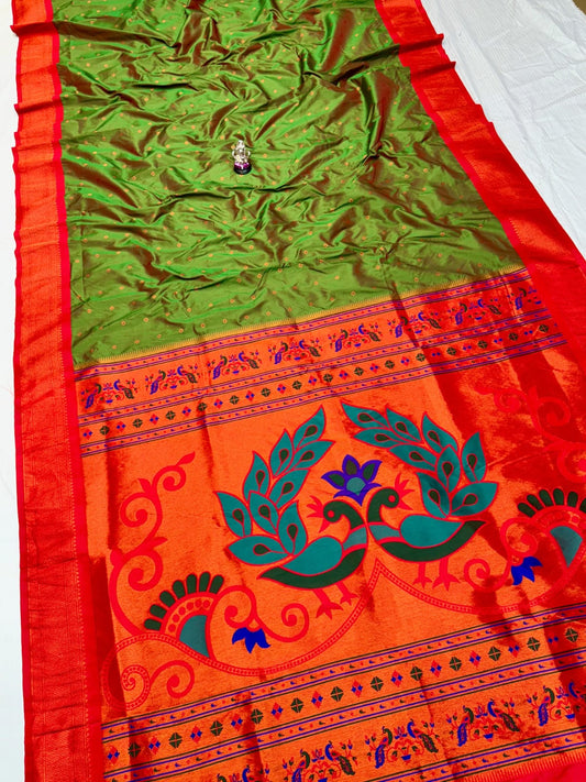 Elegant Olive Green Menakari Peacock Silk Saree