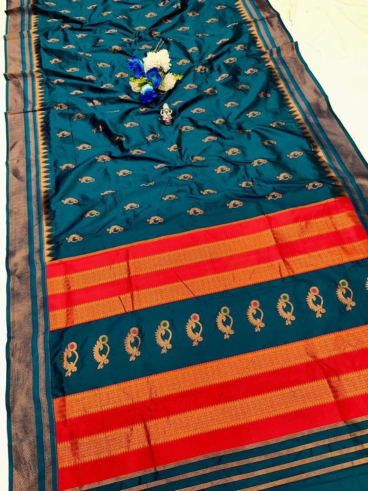 Traditional Peacock Blue Irkal Paithani Silk Saree